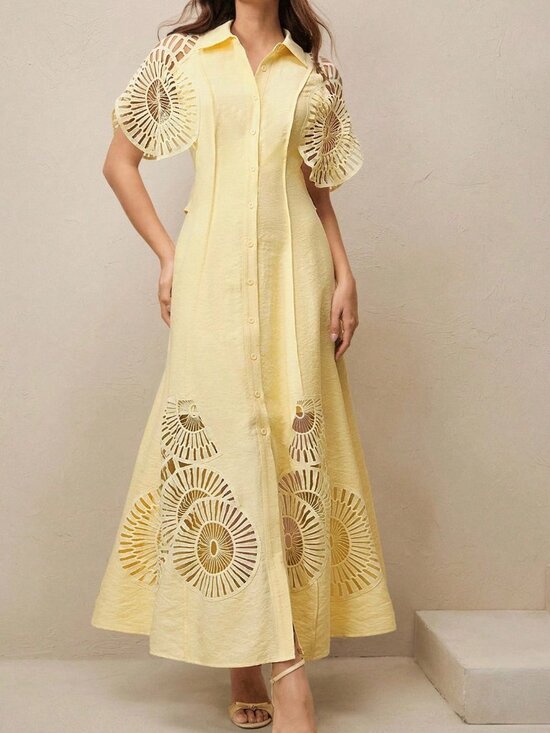 Yellow Elegant Women's Single-Breasted Hollow-Out Patchwork Long Shirt Dress - Picture 3 of 5